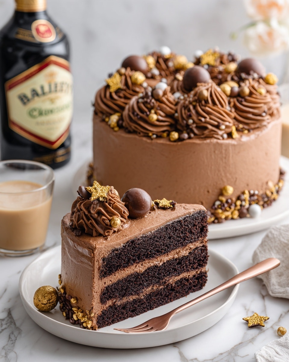 The image shows a rich chocolate cake on a white oval plate with two thick layers; the bottom layer is dense chocolate cake, and the top layer is thick, creamy chocolate frosting. The cake is covered with a thick, piped chocolate frosting layer that has a smooth, swirled texture topped with small round chocolate balls, gold square sprinkles, and gold star-shaped sprinkles. Larger dollops of chocolate frosting are placed decoratively on top. The plate sits on a white marbled surface with a dark bottle of Baileys liqueur and a small snow globe nearby. A woman's hand is holding a golden fork next to the plate, and a miniature bottle of Baileys is also visible on the surface photo taken with an iphone --ar 4:5 --v 7
