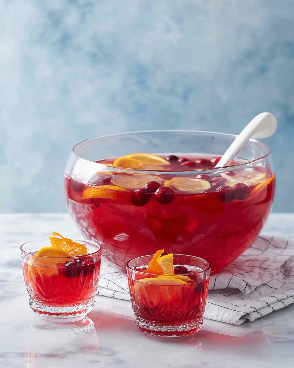 A large clear glass punch bowl filled with dark red liquid, garnished with floating yellow lemon peel strips and red berries. A white ladle rests inside the bowl, with its handle tilted outside. In front of the bowl are two clear glass cups, each filled halfway with the same red drink and garnished with lemon peel and red berries. All items are set on a white marbled surface with a folded white cloth featuring blue and orange stripes underneath the punch bowl. The background shows a soft light blue blurred setting. Photo taken with an iphone --ar 4:5 --v 7