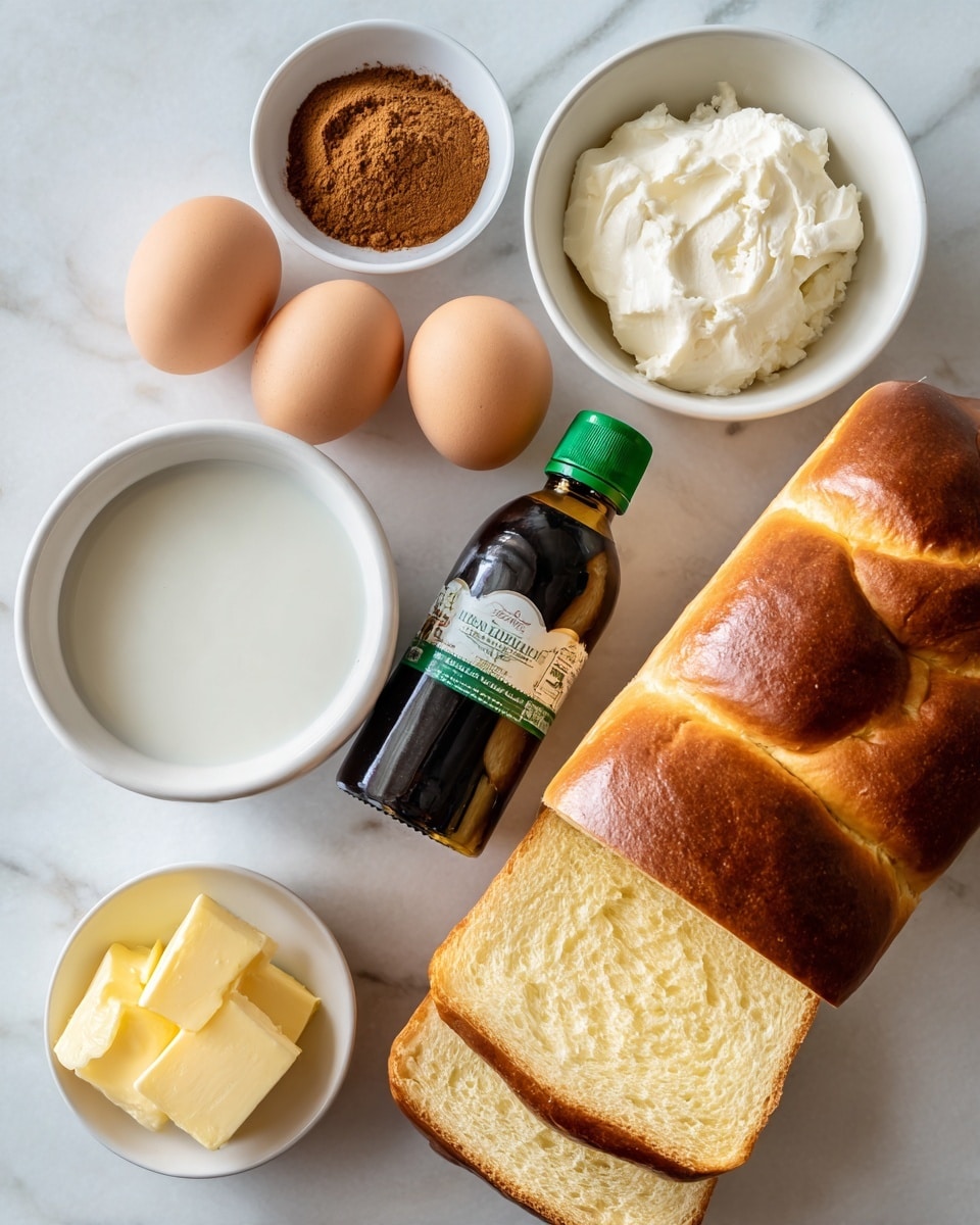 A white marbled surface holds a small white bowl with brown cinnamon powder on the top left. Next to it are three light brown eggs placed close together. Below the eggs is a white bowl filled with white milk, and to the right of the milk is a dark brown bottle of vanilla extract with a green and white label. On the right side, there is a thick, sliced brioche loaf with golden brown crust and soft, light yellow inside, stacked with slices leaning slightly. Above the loaf, a small white bowl has a cube of yellow butter in the middle. All items are spaced evenly with a bright natural light. photo taken with an iphone --ar 4:5 --v 7