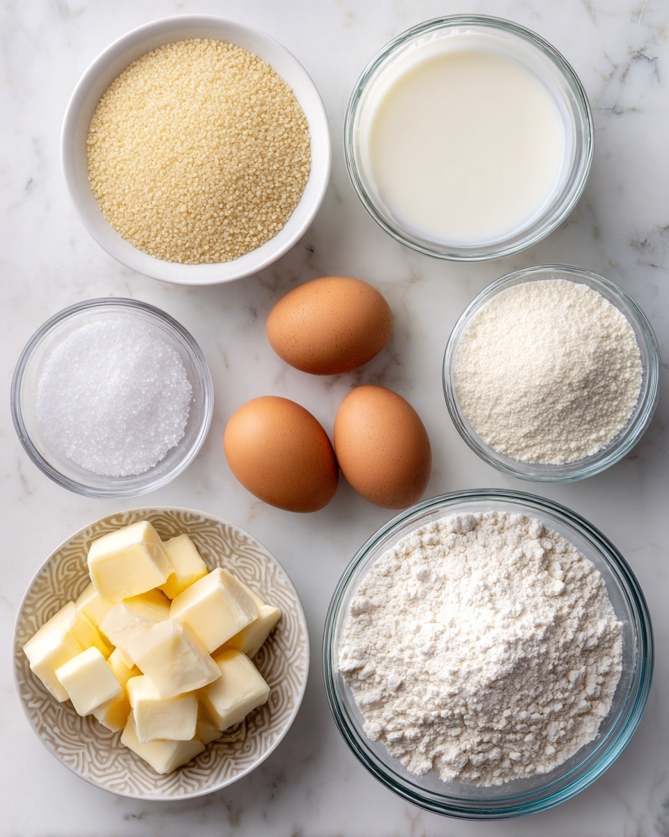 A top view of several bowls and loose items on a white marbled surface, each containing a different baking ingredient. In the top row from left to right, there is a small white bowl with light beige yeast granules, a clear glass bowl filled with white milk, and another clear glass bowl with white sugar. Below them, to the left is a white bowl filled with small pale yellow butter cubes, three brown eggs are placed in the center directly on the marbled surface, and to the right is a clear glass bowl heaped with white flour. On the far left, a patterned white bowl with fine white salt holds a small pile of salt in the center. Each item is distinct and neatly arranged in a grid-like pattern. Photo taken with an iphone --ar 4:5 --v 7