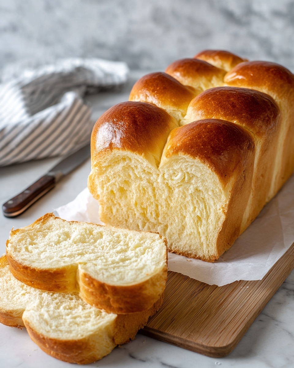 A braided loaf of golden brown bread is placed on a piece of white parchment paper over a wooden cutting board. The bread has three rounded top sections with a shiny crust showing small darker brown areas from baking. Two slices of the soft inside, with a light yellow color and a fine texture, lie in front of the loaf. The whole setup is on a white marbled surface, with a striped cloth and a serrated knife in the blurry background. Photo taken with an iphone --ar 4:5 --v 7