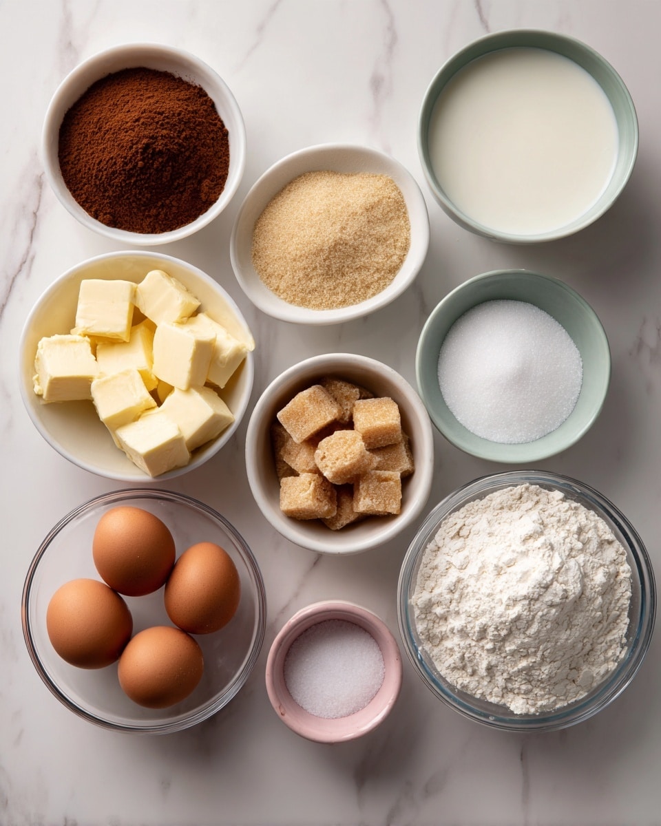 The image shows nine bowls and three eggs arranged on a white marbled surface. The first bowl at the top left contains a dark brown cinnamon powder. To its right, a bowl holds tan-colored yeast granules. Next to it, a bowl is filled with fine white sugar. A larger bowl to the far right contains white milk with a smooth surface. Below, a bowl at the bottom left is filled with small cubes of yellow butter. In the center, a clear bowl holds light brown sugar with a crumbly texture. To its right, three brown eggs are placed closely together. Below the eggs, a small pink bowl contains white salt. On the far right bottom, a clear bowl is filled with white flour that has a soft and powdery texture. All bowls are white except the clear ones showing their contents. The scene is clean and bright, with the ingredients clearly labeled in black text above each item. photo taken with an iphone --ar 4:5 --v 7