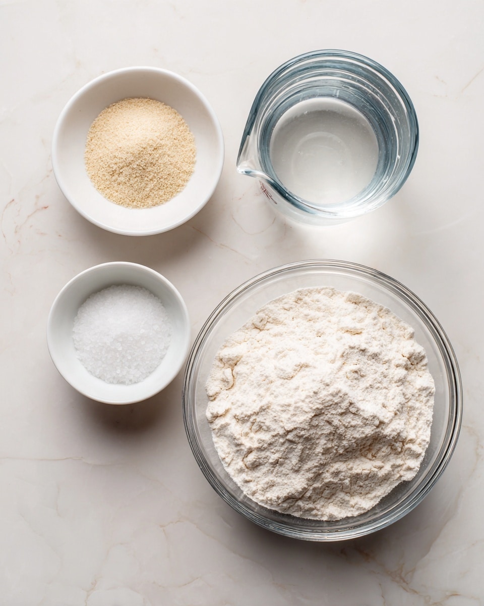 A top view of four ingredients placed on a white marbled surface: a large glass bowl on the right filled with white bread flour showing a powdery texture, a small white bowl above it containing beige yeast granules, a small white bowl on the left filled with white salt crystals, and a clear measuring cup below the salt bowl holding transparent water. Each item is spaced apart with clear labels above or beside them. Photo taken with an iphone --ar 4:5 --v 7