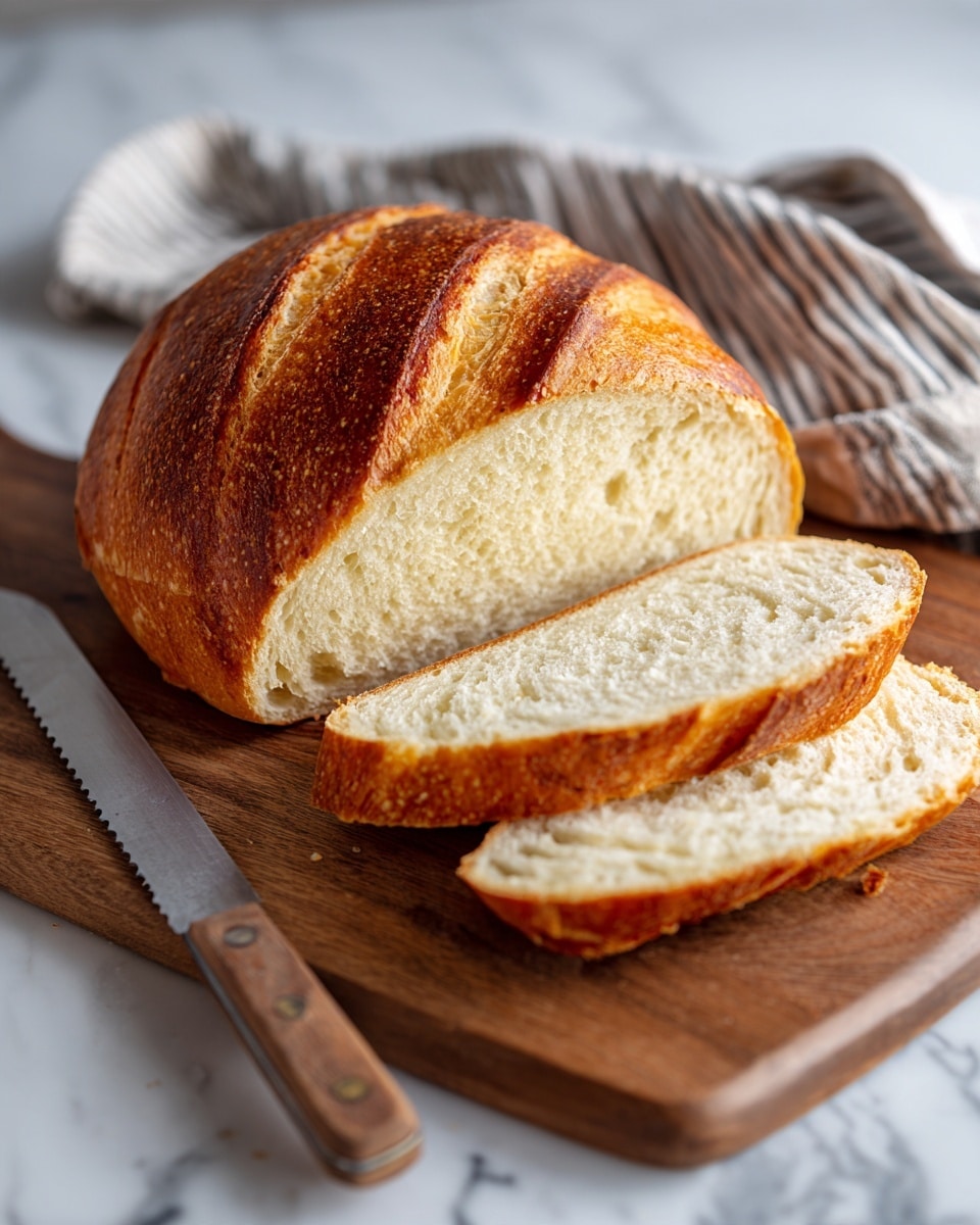A round loaf of bread with a golden brown crust is shown partially sliced on a wooden cutting board. The bread has a soft, light-colored interior with small air holes, and three slices lie flat in front of the rest of the loaf. A serrated knife is positioned to the right on the white marbled surface. A white and black striped cloth is softly placed in the background. The lighting highlights the texture of the crust and the softness of the bread inside. photo taken with an iphone --ar 4:5 --v 7