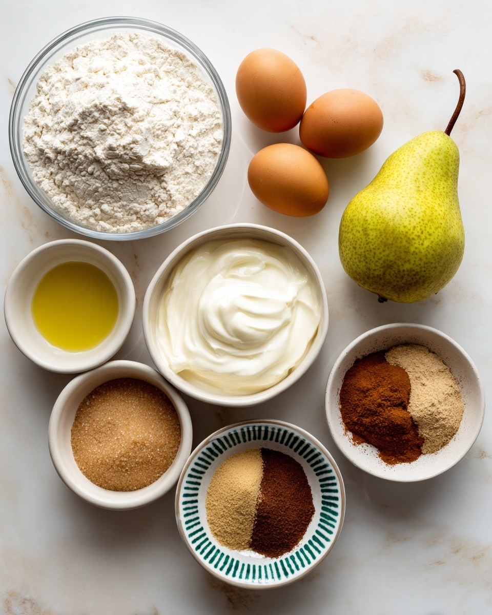 The image shows seven ingredients arranged on a white marbled surface. In the top center, there is a clear glass bowl filled with white self-rising flour. Near it to the right, two brown eggs rest directly on the surface. Below the eggs, a white bowl holds creamy white Greek yogurt. To the left of the yogurt, a green-yellow pear with a brown stem lies on the surface. Below the pear, a small white bowl contains pale yellow canola oil. To the left of the oil, a white bowl is filled with brown sugar. Finally, on the bottom right, a small patterned bowl holds a mix of brown spices in distinct piles. The overall color palette is soft and neutral, with natural textures and tones. photo taken with an iphone --ar 4:5 --v 7