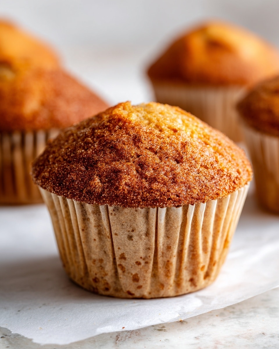 A close-up of a single muffin with a golden brown crispy top and a cracked surface showing a soft, light brown inside. The muffin is wrapped in a translucent, ridged paper liner that follows its shape closely. In the background, there are four more muffins slightly out of focus with similar textures and colors. The muffins sit on crumpled white parchment paper which rests on a wooden board. The scene is set on a white marbled surface with soft natural light highlighting the muffins' textures. photo taken with an iphone --ar 4:5 --v 7