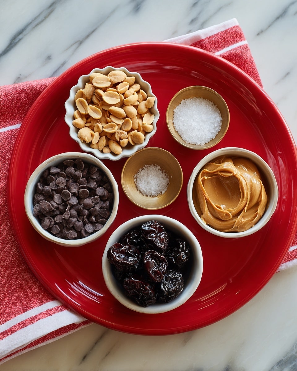 A red tray holds five small white bowls arranged in two rows: the top row has a scalloped bowl filled with light brown chopped peanuts on the left, a tiny round bowl with coarse salt in the middle, and a round bowl with shiny black dried plums on the right; the bottom row has a round bowl filled with dark chocolate chips on the left and a round bowl with light brown peanut butter on the right. The tray sits on a white marbled surface, and a red and white striped cloth is visible at the edge. Photo taken with an iphone --ar 4:5 --v 7