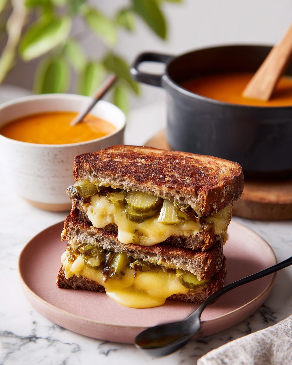 A toasted sandwich cut in half and stacked on a white plate, showing a thick layer of melted yellow cheese mixed with green pieces inside, the golden-brown bread slightly crispy with some visible seasoning on top. Behind the plate, there is a white bowl filled with smooth, bright orange tomato soup, resting on a white marbled surface. A black spoon is placed next to the sandwich on the plate. In the background, slightly out of focus, a black pot with a wooden spoon sticking out and green leafy plants add a fresh touch. photo taken with an iphone --ar 4:5 --v 7