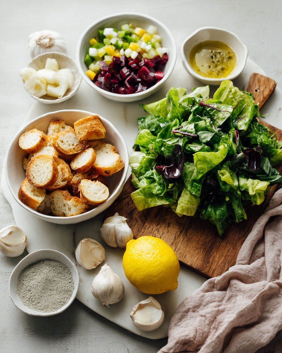 The image shows a white marble surface with various fresh ingredients arranged on it: on the right, a wooden cutting board holds a large pile of green leafy vegetables with some darker purple leaves mixed in; next to it is a yellow lemon cut in half; above the lemon, a white bowl contains small colorful diced vegetables including green, red, and yellow pieces; to the left, a white bowl holds round sliced bread pieces that are toasted to a golden brown; below that, a bulb of white garlic, and two small onions with light brown skin lie on the surface; near the bottom left corner, there is a small white bowl with a coarse grayish powder inside; a soft pinkish towel partially frames the bottom of the image; the setting is bright with soft natural lighting, and there is a plain light grey wall in the background. Photo taken with an iphone --ar 4:5 --v 7