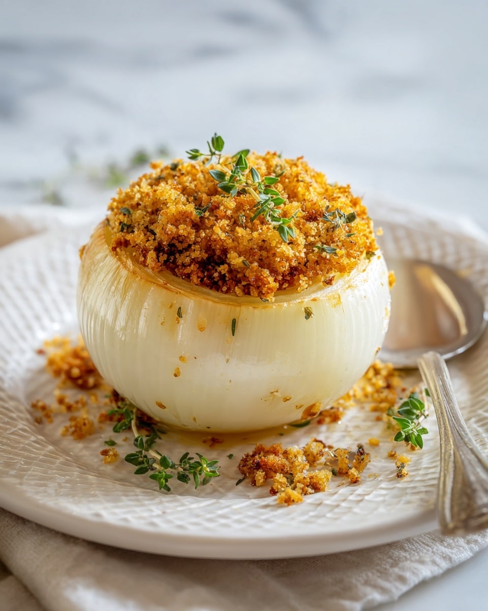 The image shows one baked onion on a white plate, with the top layer of the onion removed to show the inside layers. The onion has about five visible layers, starting with smooth, pale yellow outer layers and moving inward to softer white layers. The onion is topped with a thick crunch crumb topping that is golden brown with some darker toasted spots, giving it a rough texture. Small green herb sprigs are visible on and around the onion. The plate rests on a white marbled surface with a silver knife placed next to it and a glass of water blurred in the background. photo taken with an iphone --ar 4:5 --v 7