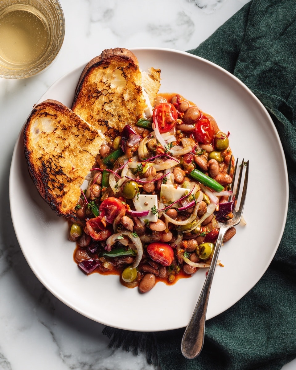 A white plate holds a colorful dish with three main layers: the bottom layer is a red tomato-based sauce with visible oil, then a thick layer of mixed brown beans, whole red cherry tomatoes, green olives, sliced onions, and small green capers scattered on top. Thin white cheese shavings are delicately placed on the beans. Two slices of toasted bread with golden-brown grill marks rest on the top right edge of the plate. A silver fork is partially inserted into the beans, holding a shiny red cherry tomato. The plate sits on a white marbled surface with a dark green cloth nearby and a glass with white liquid next to the plate photo taken with an iphone --ar 4:5 --v 7
