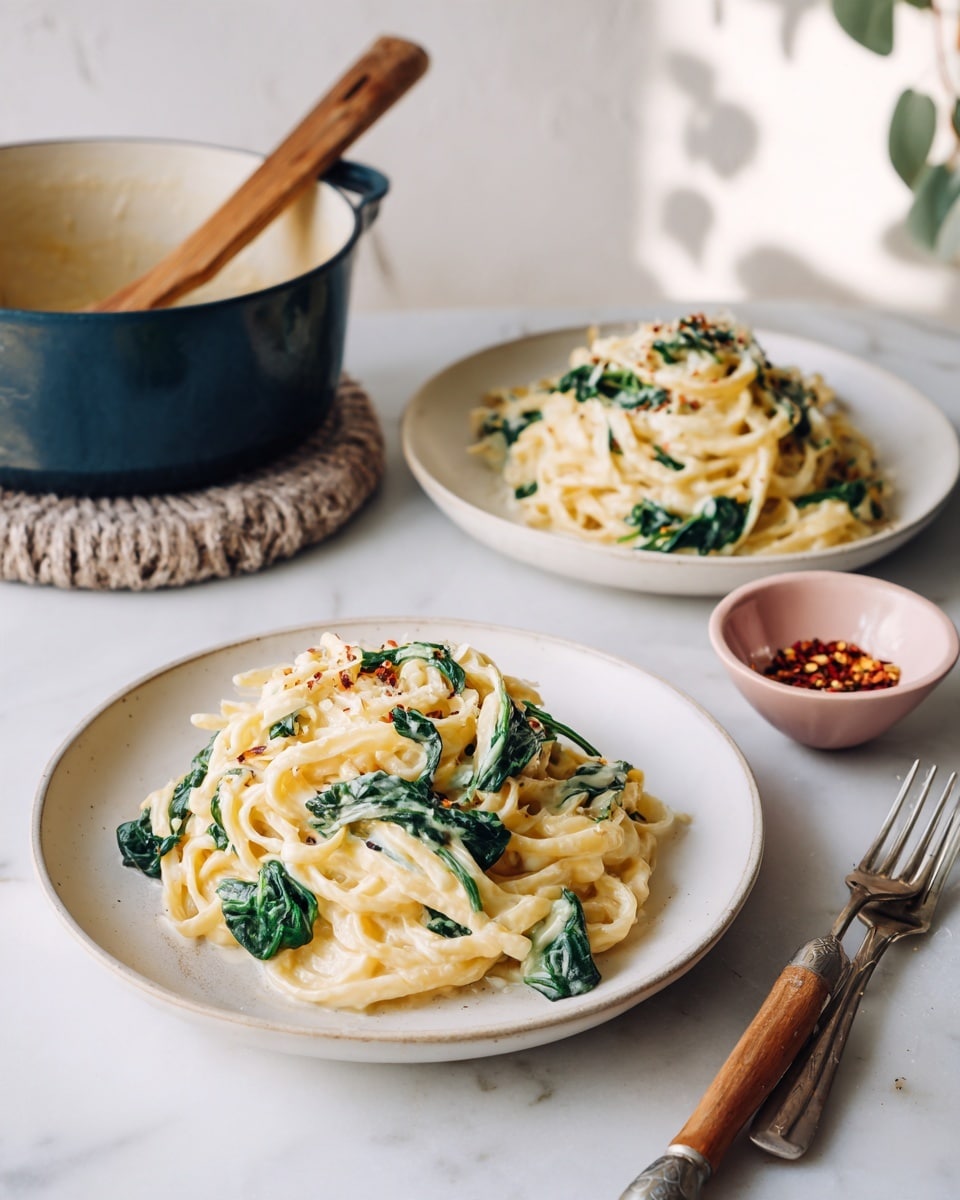 Two plates of creamy pasta with green spinach pieces are placed on a white marbled surface. Each plate has a layer of light yellow pasta mixed with creamy white sauce and green spinach. The plates are white, showing the soft texture of the pasta. A fork with a brown handle rests on the plate closer to the front. Behind the plates, there is a large dark blue pot with creamy sauce inside, and a wooden spoon sticking out of it. On the left side, there is a small white bowl containing red chili flakes. The background is plain and softly lit. photo taken with an iphone --ar 4:5 --v 7