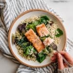 Honey Mustard Balsamic Roasted Salmon with Israeli Couscous and Spring Greens Recipe