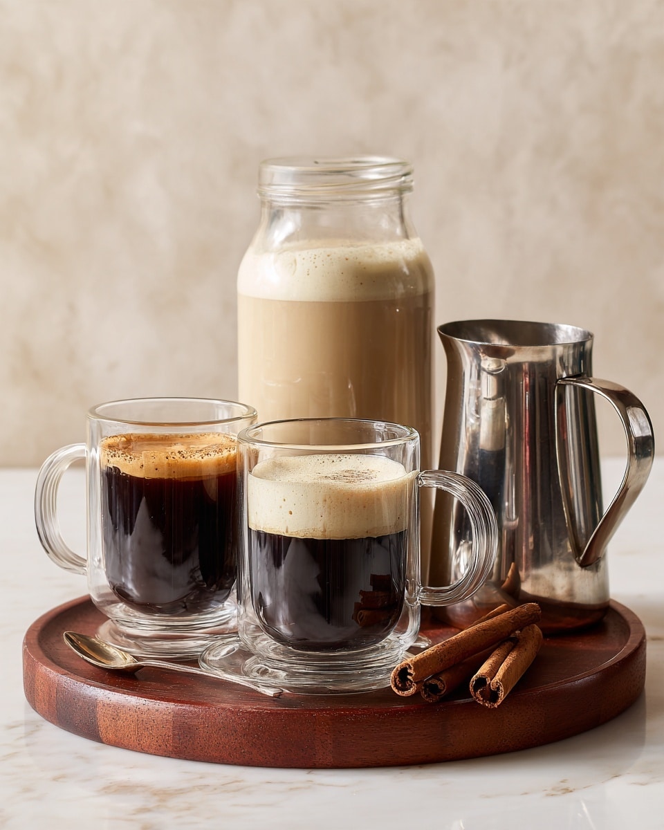 A clear glass cup with a handle sits in the middle on a round wooden plate. To the left are two smaller clear glass cups filled halfway with dark coffee and light cream layers on top. Behind the middle cup is a tall glass jar filled with light brown creamy liquid. To the right, there is a clear glass pitcher and a silver metal frothing pitcher. At the front right, a few cinnamon sticks lie on the white marbled surface. The background is soft and neutral in light beige tones. Photo taken with an iphone --ar 4:5 --v 7