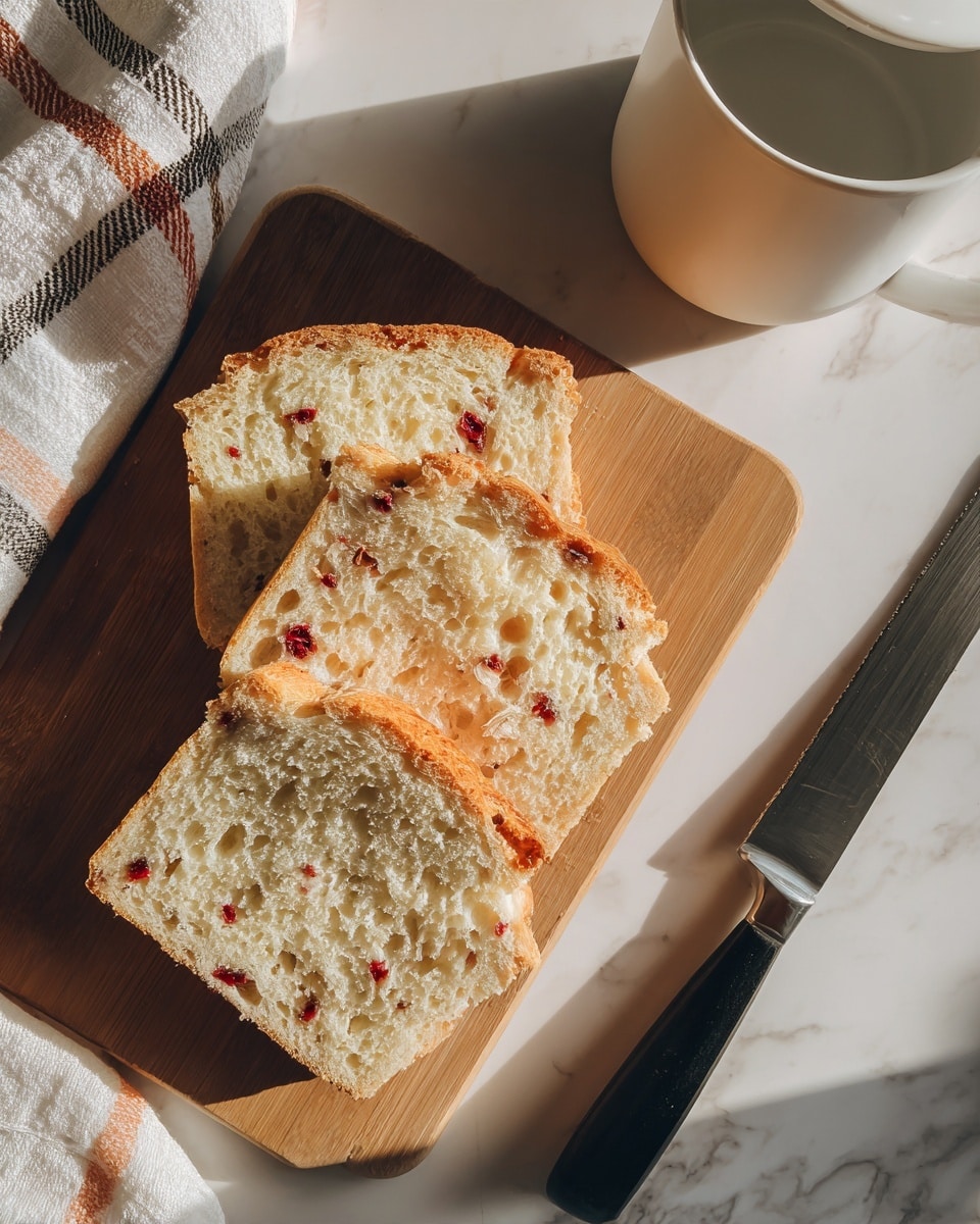 Three slices of bread with red bits inside are placed on a wooden cutting board. The bread crust is light brown, and the inside shows a soft, white texture with swirls of red pieces evenly spread. The cutting board holds the slices along with a partially visible loaf of the same bread. A knife with a black handle lies next to the bread on the board. The board is resting on a white marbled surface with a checkered cloth in white, brown, and gray colors nearby. A white container with a rounded top is partially visible next to the cloth. Photo taken with an iphone --ar 4:5 --v 7