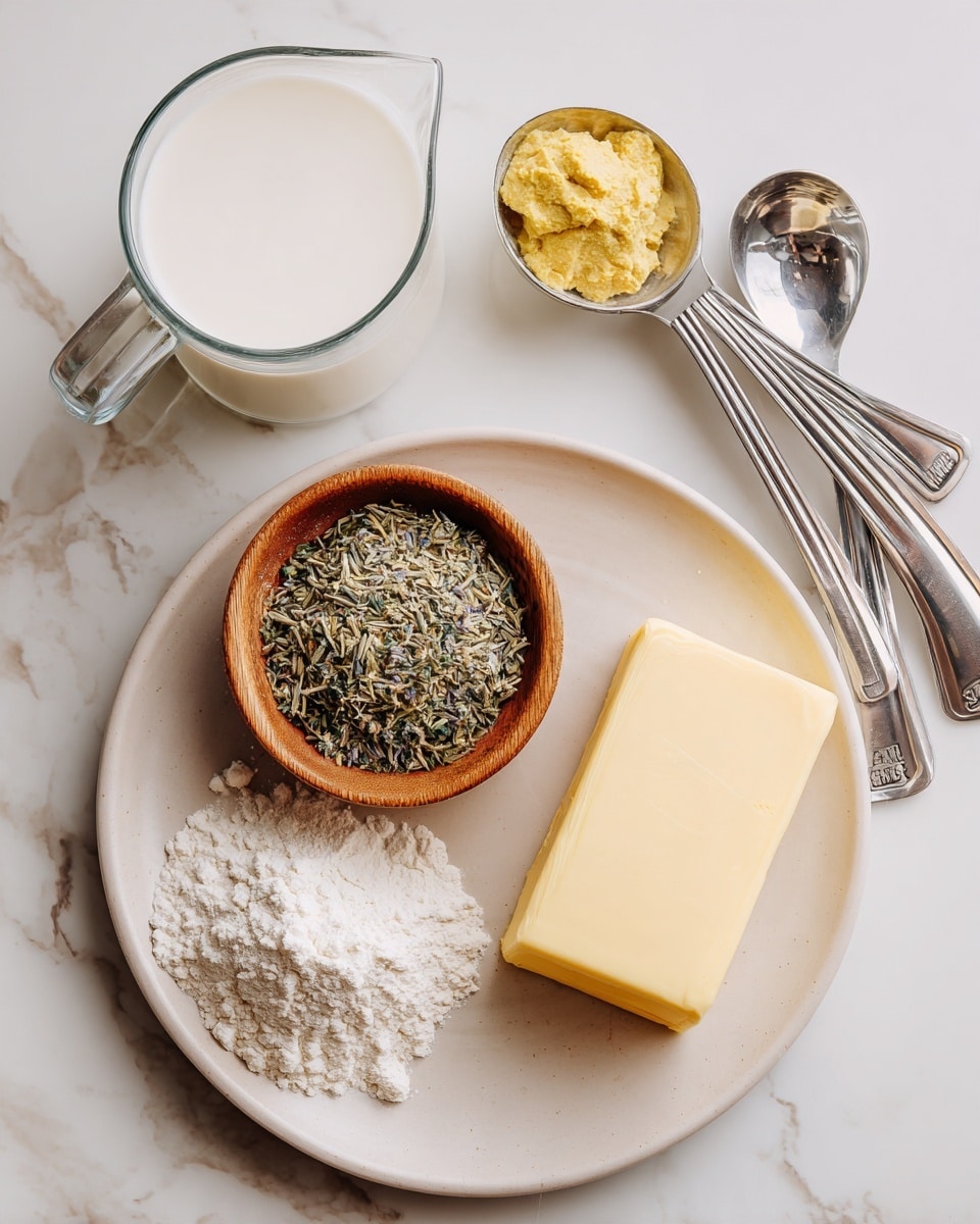 A white plate sits on a white marbled surface and holds three items: a wooden small bowl with mixed dried green and white herbs, a stainless steel measuring spoon with a yellow mustard-like paste on it, and a square block of pale yellow butter. Nearby, a glass measuring cup filled with white milk is on the left side of the surface, and below that, a silver measuring cup holds a heap of white flour. A set of metal measuring spoons is placed slightly above the plate. Photo taken with an iphone --ar 4:5 --v 7