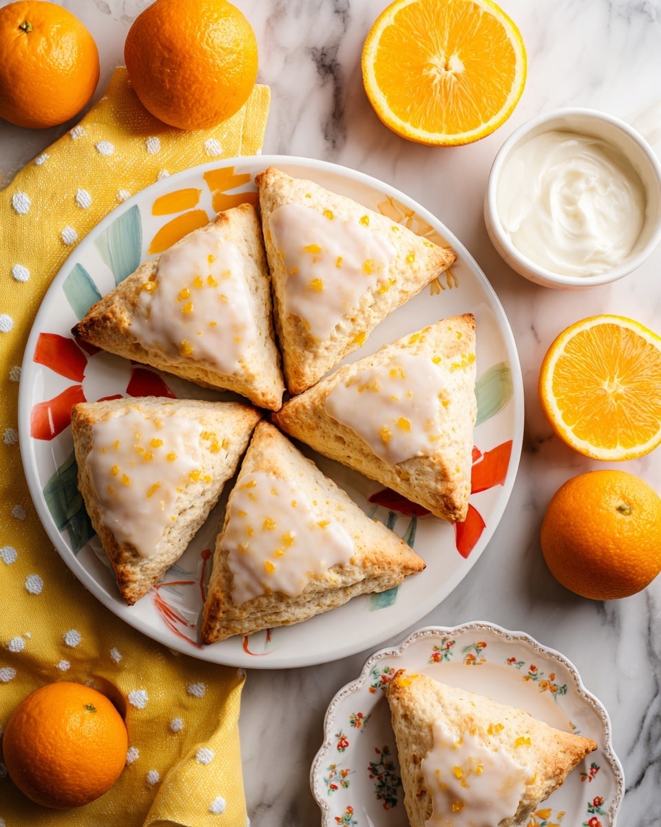 Five triangular scones with a golden brown crust are placed on a white plate with orange and red decorative patterns. Each scone is topped with a thick, creamy white glaze sprinkled with tiny orange zest bits. On the plate, there is a small white bowl filled with smooth white cream next to an orange wedge. Around the plate, whole and halved bright orange oranges sit on a white marbled surface. To the side, a folded yellow cloth with white dashed lines adds a pop of color. A smaller white plate with a single glazed scone is also visible at the bottom right. photo taken with an iphone --ar 4:5 --v 7