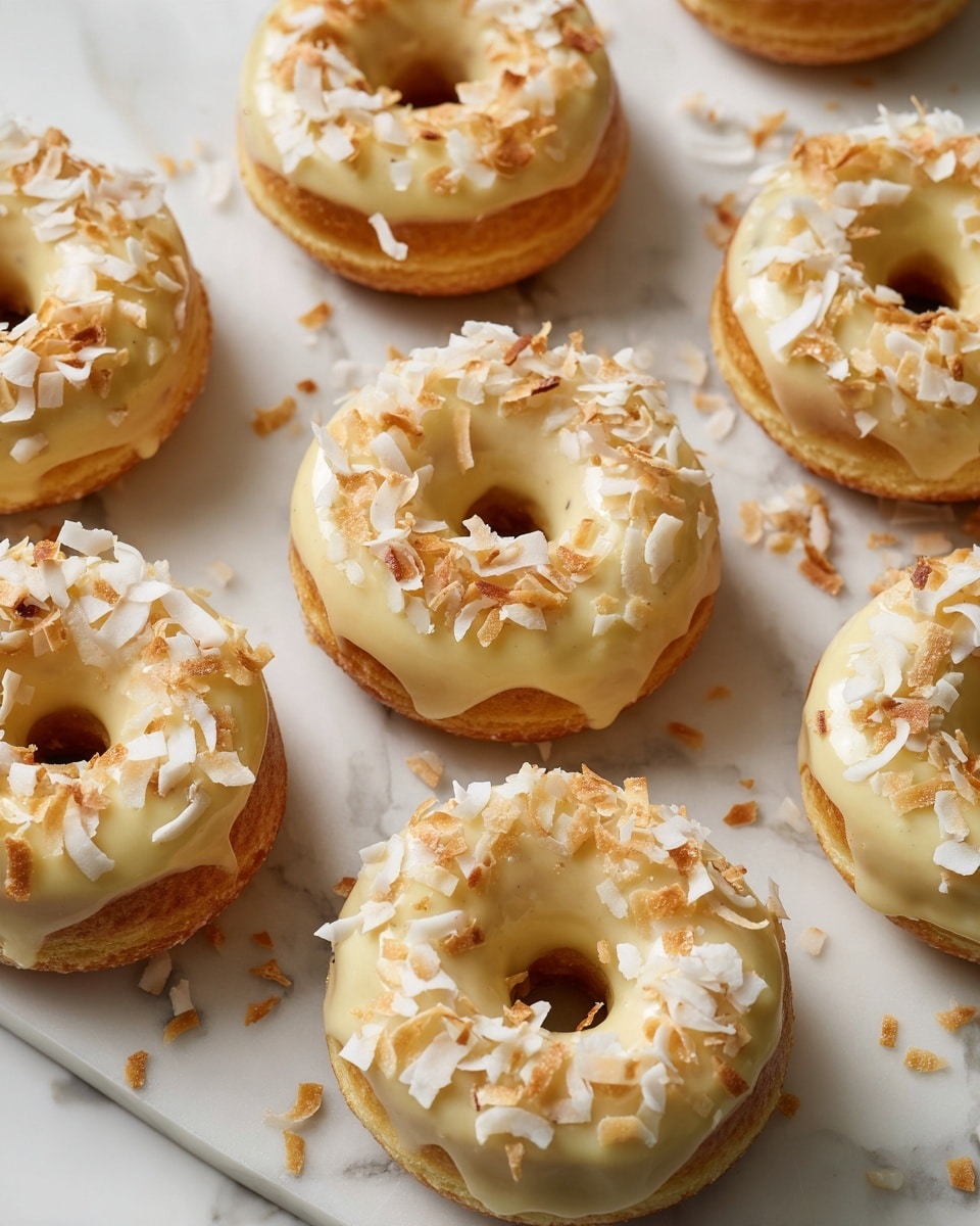 The image shows nine round donuts arranged on a white marbled surface, each with a smooth light yellow glaze on top. They are generously covered with shredded toasted coconut, which is a mix of white and golden brown pieces, giving a textured and crunchy look. The donuts are spaced apart with some loose coconut flakes scattered around them on the surface. The overall look is neat, with the donuts having a soft and slightly shiny glaze layer beneath the shredded coconut topping. photo taken with an iphone --ar 4:5 --v 7
