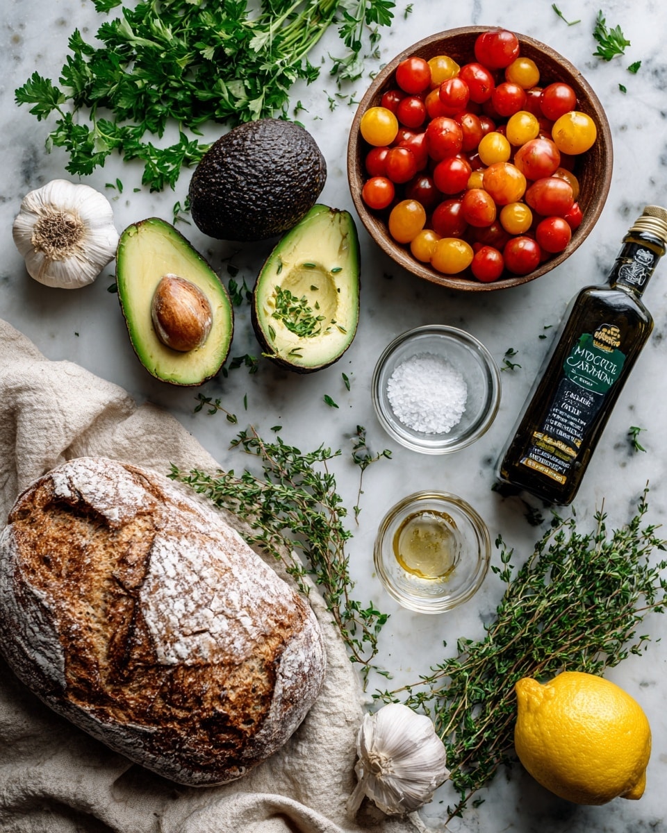 The image shows ingredients laid out on a white marbled textured surface. There are two whole avocados, one cut in half showing its green inside and large brown seed, placed near fresh green parsley leaves and a whole garlic clove with white papery skin. A bowl filled with red and orange cherry tomatoes and a few sprigs of green fresh thyme are on the right side. Below, a small clear glass bowl holds kosher salt, next to a loaf of rustic bread with a cracked crust, resting partly on a beige cloth. A yellow lemon and a dark green bottle of extra virgin olive oil with a label are also visible. photo taken with an iphone --ar 4:5 --v 7