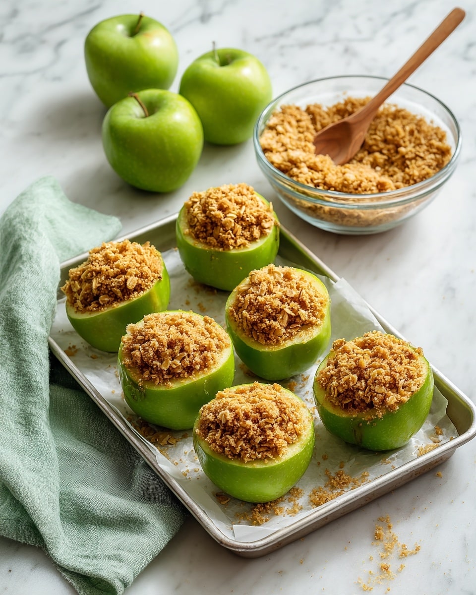 The image shows six green apple halves arranged on a white metal baking tray with a white marbled texture underneath. Each apple half has a layer of crumbly granola topping that looks golden brown with a rough texture, piled generously in the hollow centers where the cores were removed. To the upper left of the tray, there is a clear glass bowl filled with more granola and a wooden spoon resting inside it. Three whole green apples are placed near the bowl, slightly out of focus. A light green cloth napkin is partly visible on the lower left side. The overall colors are soft and natural, with the fresh green of the apples contrasting against the white marble and the warm tones of the granola. Photo taken with an iphone --ar 4:5 --v 7