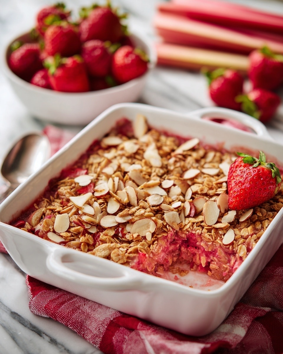 A white square baking dish holds a baked oatmeal made with visible layers of red strawberries and pink rhubarb pieces mixed in a soft, textured base. The top layer is sprinkled with light brown granola clusters and pale beige almond slivers, creating a crunchy look. The dish rests on a white marbled surface with a few stalks of rhubarb and a white bowl filled with bright red strawberries in the background. photo taken with an iphone --ar 4:5 --v 7