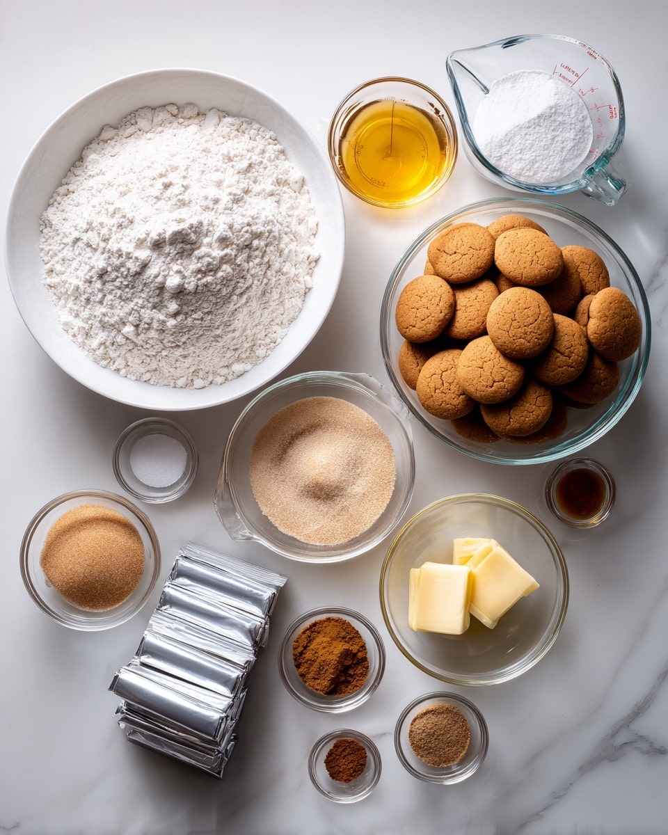 The image shows several baking ingredients arranged on a white marbled surface. There is a large white bowl filled with white flour toward the back left, and to its right is a clear glass measuring cup with white sugar. Next to it, there is another clear glass bowl with many small brown round cookies stacked inside. In front of these, there are smaller glass bowls with light brown sugar, white salt, and a yellow liquid, likely melted butter. Additionally, there are two rectangular silver foil packs stacked in front of the flour bowl, probably butter sticks. A small glass bowl with a yellowish wet mixture, possibly grated lemon zest with liquid, sits near the center. Two tiny glass bowls hold spices, one with ground cinnamon and another with nutmeg, both brown in color. A small liquid vanilla extract portion is also placed near the front left. The whole setup is neatly arranged with clean lines and soft lighting. Photo taken with an iphone --ar 4:5 --v 7