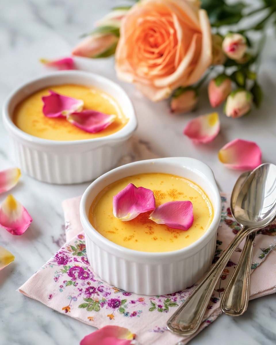 The image shows two oval white dishes with a smooth, light brown custard filling. Each custard has two pink and yellow rose petals placed gently on top. The dishes are placed on a white marbled surface, with a floral-patterned cloth with red and blue flowers underneath. To the right, there are two shiny silver spoons, reflecting the surroundings, lying side by side. At the top right, there is an orange rose with green stems and light-colored buds, slightly out of focus, adding a soft touch to the scene. Photo taken with an iphone --ar 4:5 --v 7