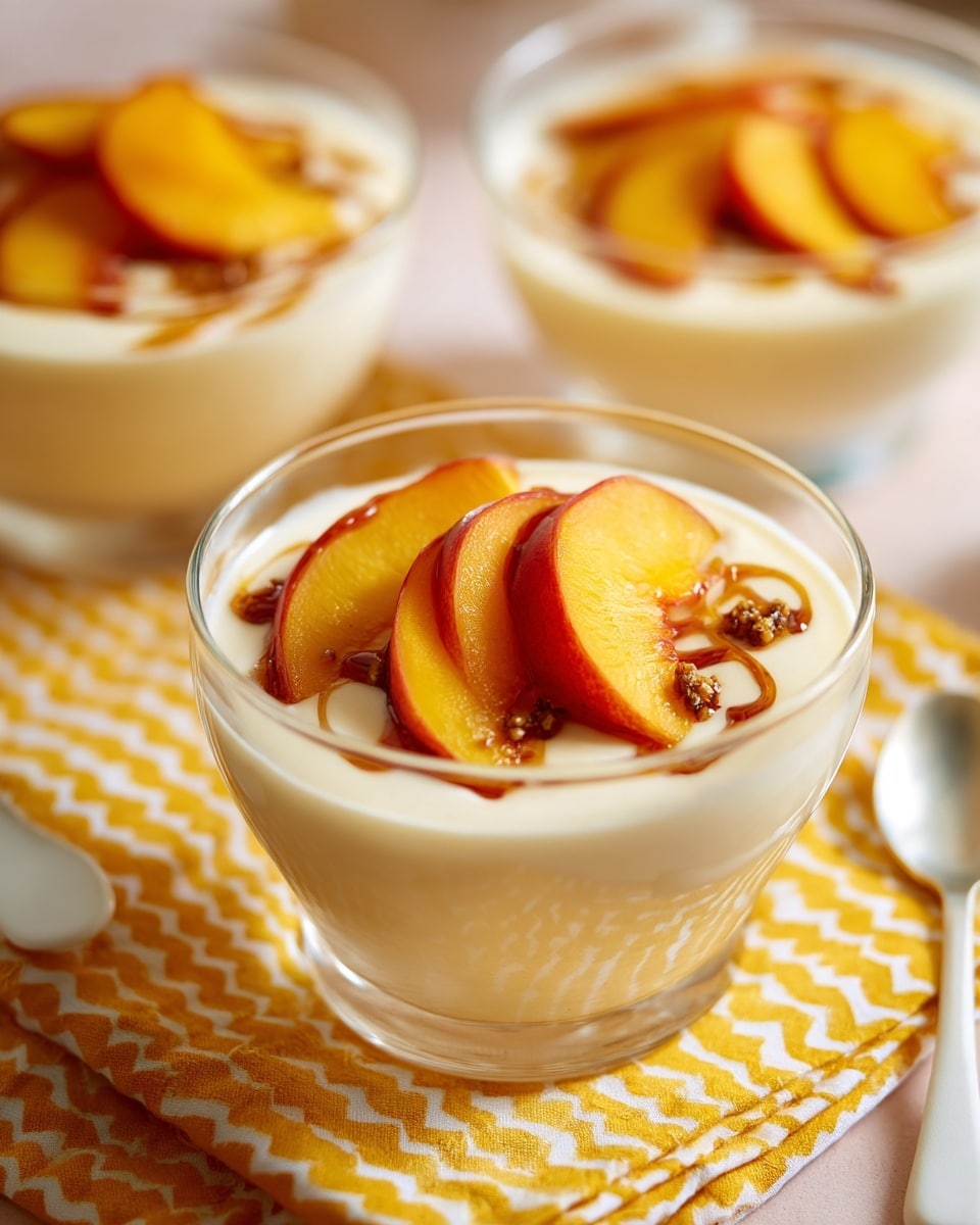 A clear glass bowl holds a smooth white creamy base, topped with several thin slices of yellow peach with red edges arranged fanned near one side, drizzled with a sticky dark brown syrup over the fruit. In the background, two more bowls with the same layered dessert are slightly blurred, placed on a yellow and white chevron patterned cloth. A white ceramic spoon lies next to the closest bowl, and a peach and a milk bottle are softly seen in the far background. The photo is taken with an iphone --ar 4:5 --v 7