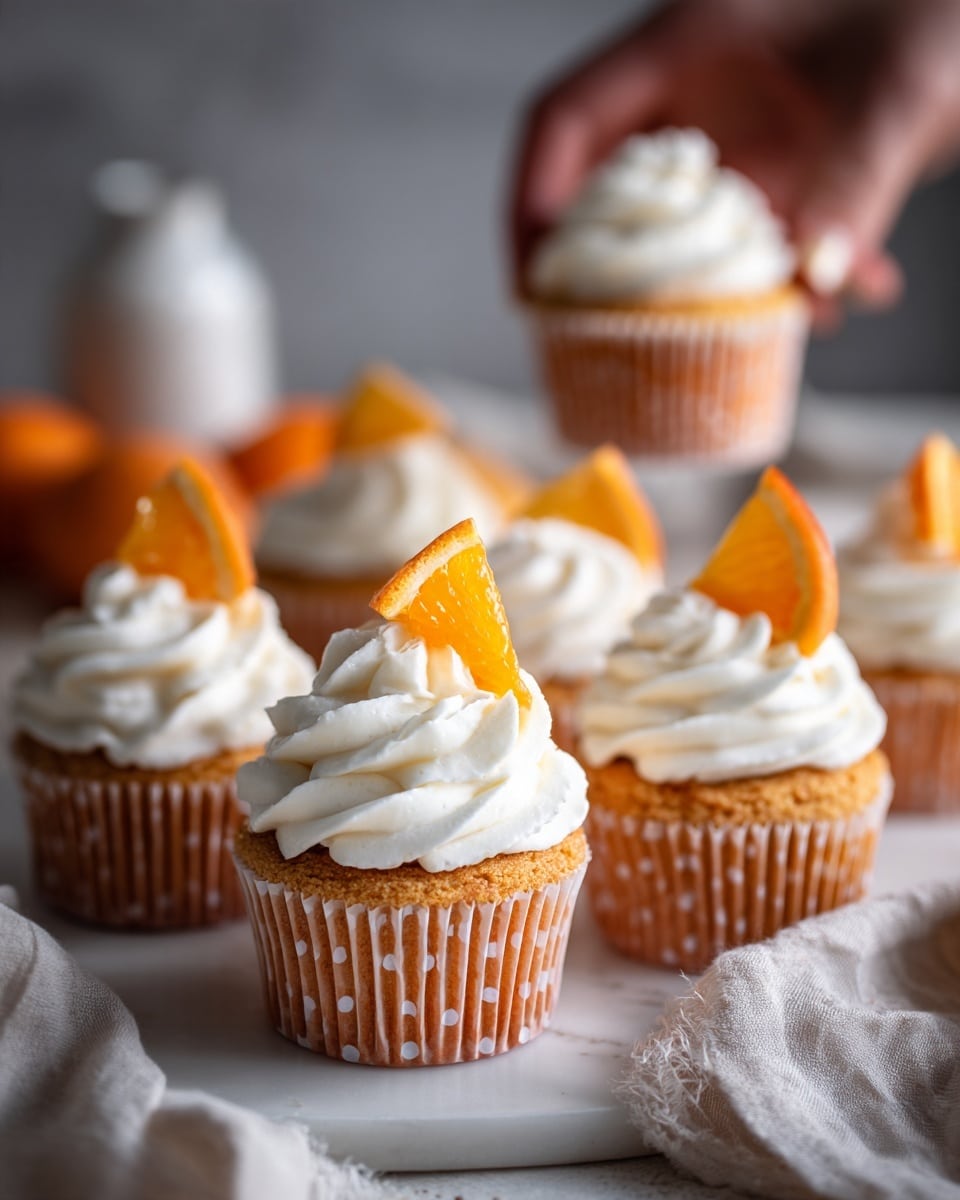 The image shows several cupcakes in orange liners with white polka dots, each topped with a swirl of creamy white frosting. One cupcake in the front has a small orange slice placed on top of the frosting. The cupcakes are arranged on a white marbled surface, with a glass of orange juice and some orange slices blurred in the background. A woman's hand is gently holding one cupcake on the left side of the image. The lighting is soft and natural, giving the cupcakes a fresh and inviting look. photo taken with an iphone --ar 4:5 --v 7