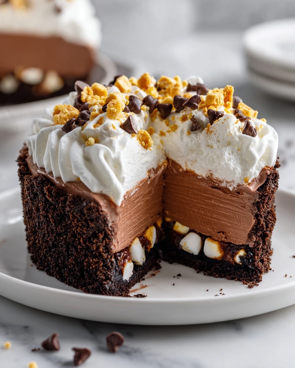 The dessert is made in a white plate with a dark chocolate crumb crust as the first layer, thick and textured, pressed down evenly. On top is a mix of smooth light brown chocolate filling with small white mini marshmallows mixed inside. The third layer is a glossy chocolate swirl decoration with a thick ring of white whipped cream dollops around the edge. The whipped cream top is adorned with small chocolate chips and golden brown crunch bits, adding texture and contrast. A slice is cut out showing the creamy chocolate and marshmallow filling inside with the crumb crust base visible. The whole scene is set on a white marbled surface, photo taken with an iphone --ar 4:5 --v 7