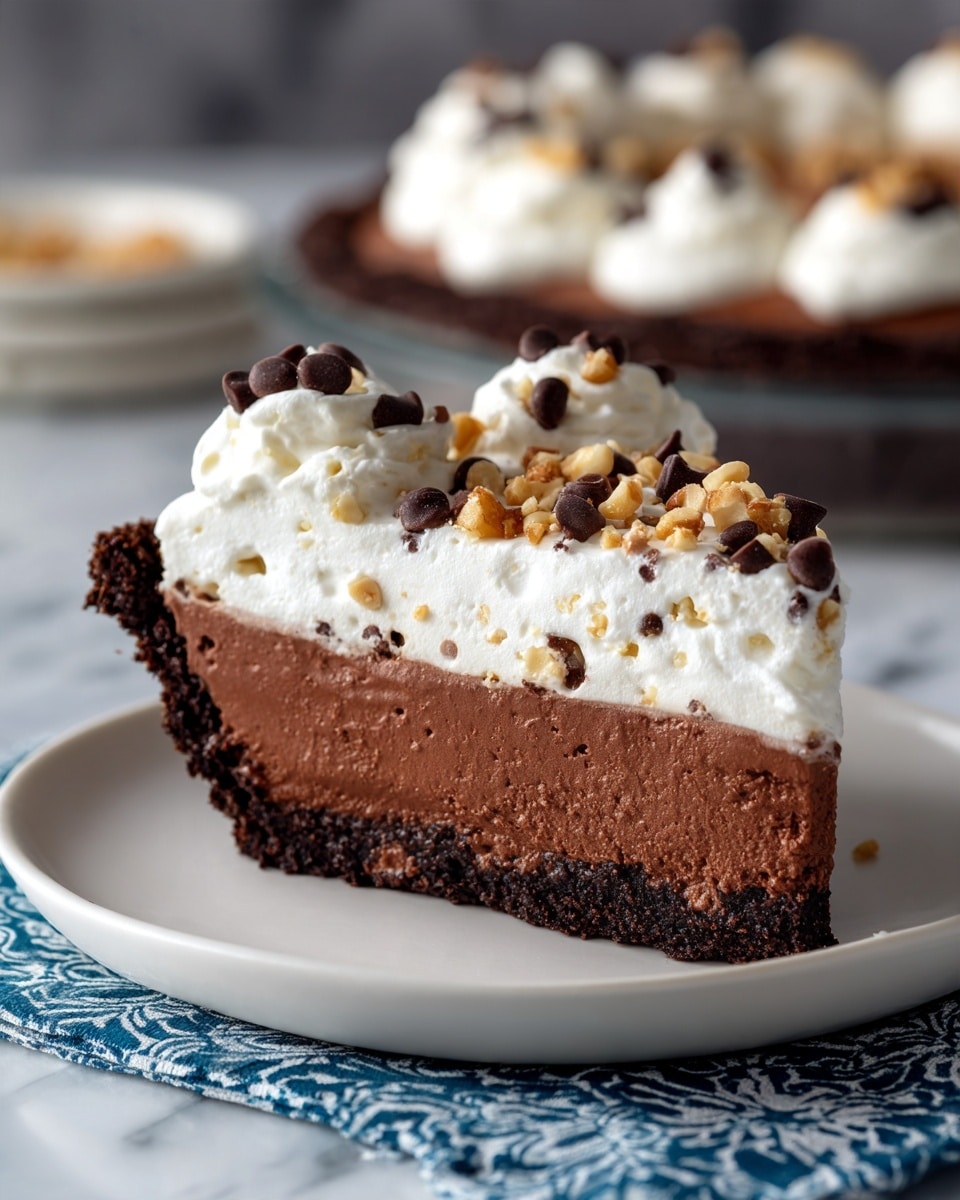 The image shows a thick slice of chocolate mousse pie with three clear layers on a white plate. The bottom layer is dark, dense, and crumbly, acting as a crust. The middle layer is a rich, smooth chocolate mousse with small white bits mixed inside, making the texture look creamy and light. The top layer is fluffy white whipped cream, sprinkled with tiny dark chocolate chips and crushed nuts that add texture and color contrast. The pie slice sits on a blue patterned cloth over a white marbled surface, with the whole pie blurred in the background. Photo taken with an iphone --ar 4:5 --v 7