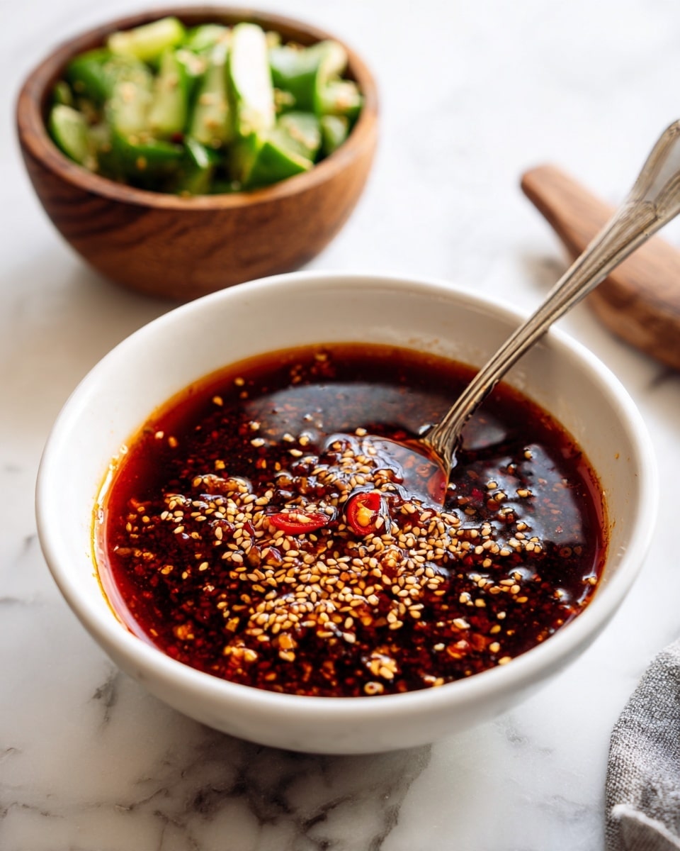 The image shows a white bowl filled with a dark red oily sauce, sprinkled with golden sesame seeds and small chili pieces floating on top. A silver spoon is placed inside the bowl, resting on the side. In the background, there is a small wooden bowl with fresh green sliced vegetables on a white marbled surface. The whole setup is bright with natural light. photo taken with an iphone --ar 4:5 --v 7
