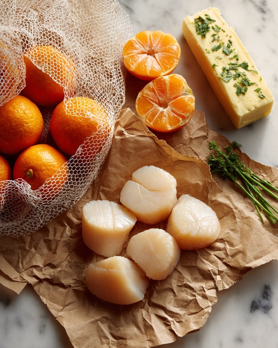 The image shows a group of raw scallops arranged on crumpled brown paper on a white marbled surface. To the left, there is a white mesh bag filled with bright orange clementines, with three halves of clementines placed directly on the marble near the bag. At the top right, there is a stick of pale yellow butter wrapped in paper with some green herbs, including parsley and chives, placed near it. The overall colors are soft creams, bright orange, and fresh green on a clean white marbled background. photo taken with an iphone --ar 4:5 --v 7