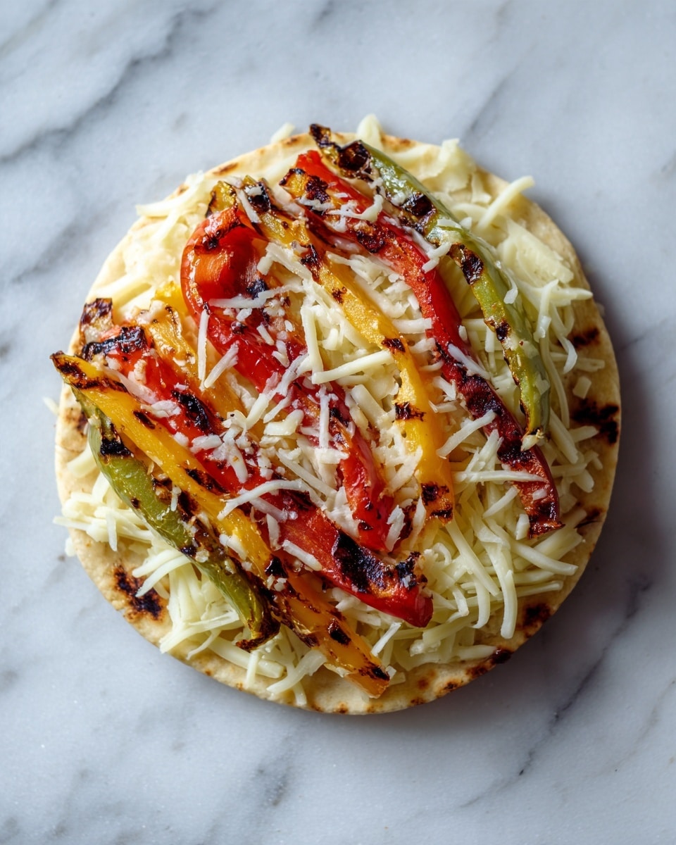 A single round tortilla sits on a white marbled surface, topped with two layers; the bottom layer is a spread of shredded light yellow cheese covering most of the tortilla except edges, and the top layer features irregular strips of grilled red and yellow bell peppers with slight char marks scattered evenly over the cheese, creating a colorful contrast. photo taken with an iphone --ar 4:5 --v 7