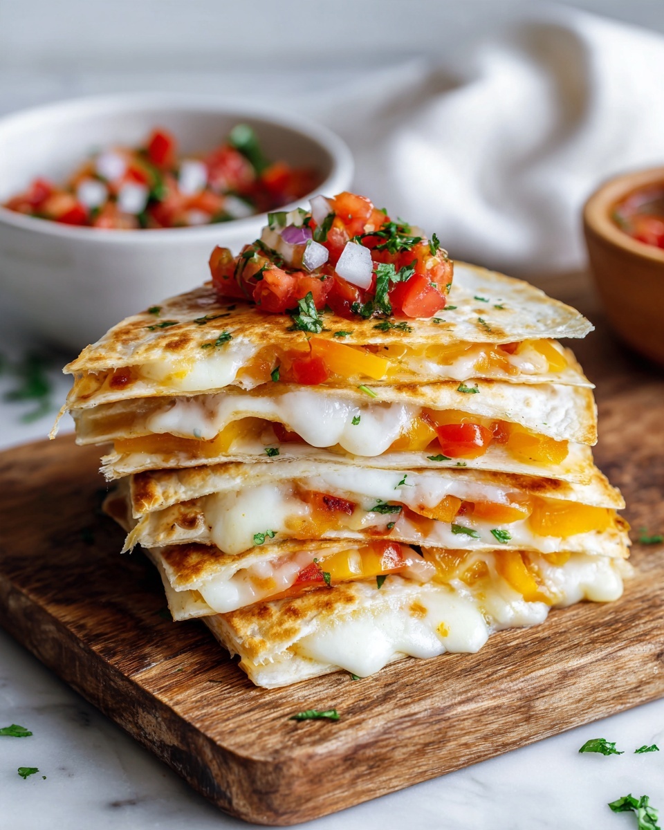 A stack of four golden-brown quesadilla slices is placed on a wooden board over a white marbled surface. Each slice shows layers of melted, gooey cheese and thin, orange-colored pieces of roasted carrot or bell pepper with soft textures between the warm tortillas. The top slice is garnished with a colorful pico de gallo mix of diced red tomatoes, white onions, and fresh green herbs, adding a fresh and bright contrast. In the background, there is a white bowl filled with more of the same diced salsa. The photo taken with an iphone --ar 4:5 --v 7