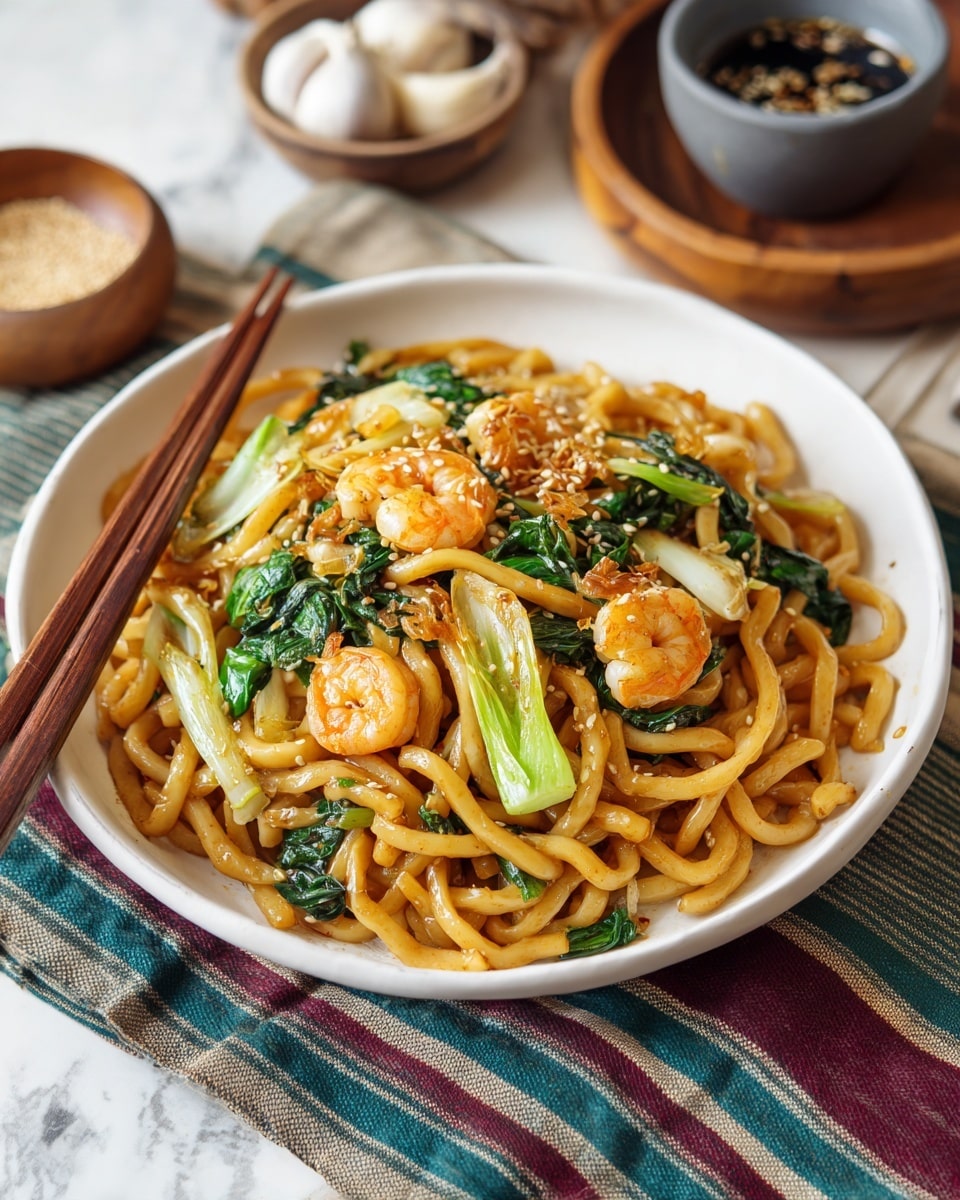 A round white plate holds a shrimp noodle dish with three main layers: the bottom layer is thick, light brown noodles, tangled and glossy; the next layer consists of bright green bok choy pieces with fresh leafy tops, scattered evenly around; the top layer features orange, cooked shrimp curled and mixed with golden-brown toasted garlic slices and sprinkled with small white sesame seeds. Two thin, light wooden chopsticks rest on the left edge of the plate. The plate sits on a folded striped cloth with green, blue, yellow, and red colors, placed over a white marbled surface. Nearby, there is a small wooden bowl filled with sesame seeds and a small grey bowl with dark soy sauce and sliced garlic pieces visible. Photo taken with an iphone --ar 4:5 --v 7