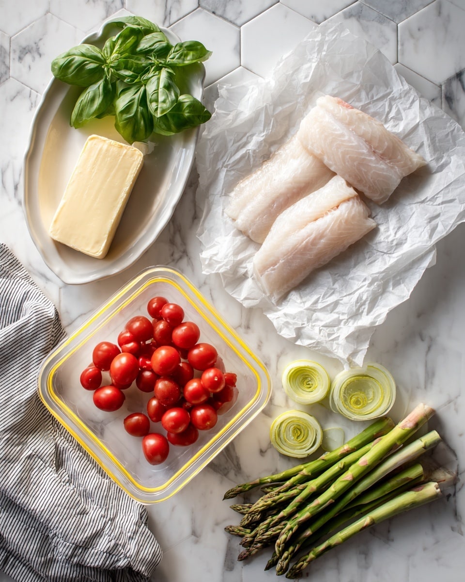 The image shows fresh ingredients laid out on a white marbled hexagon surface. At the top left, there is a bunch of green basil leaves. Below it to the left, a white oval plate holds a stick of yellow butter with smooth texture. To the right, two raw white fish fillets with a slight pinkish hue rest on crumpled white parchment paper. Near the bottom center, a clear plastic container with bright yellow edges holds small red grape tomatoes, with several loose tomatoes scattered nearby. In the bottom right corner, bright green asparagus spears are arranged in a bunch next to pale green slices of fennel. A gray and white striped cloth is laid near the bottom left. photo taken with an iphone --ar 4:5 --v 7