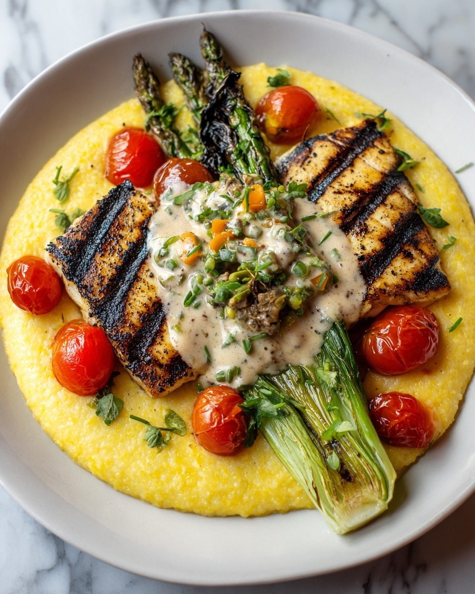 A white plate shows a dish with three main layers. The base layer is bright yellow creamy polenta spread thinly across the plate. On top sit two pieces of grilled white fish with clear brown grill marks. Above the fish is a dollop of light compound butter mixed with herbs and small bits of red. Around the fish are grilled green asparagus spears and pale green grilled bok choy, both with dark grill marks. Halved red cherry tomatoes are scattered on the plate's edges. The plate rests on a white marbled surface. Photo taken with an iphone --ar 4:5 --v 7