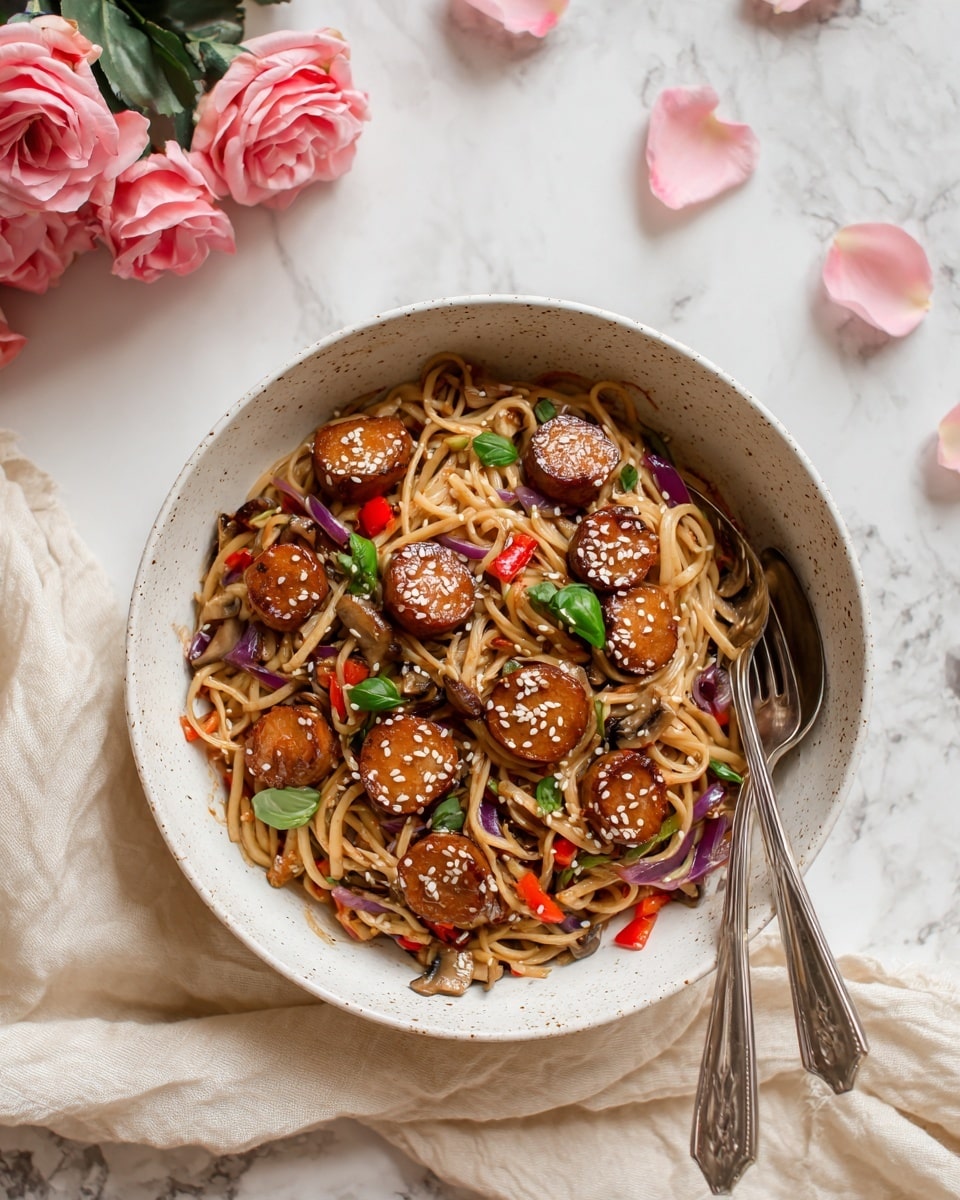 A white bowl with dark speckles holds a dish of noodles mixed with sliced cooked mushrooms, red onion pieces, and small red bits of pepper, topped with round golden-brown glazed scallops sprinkled with white sesame seeds; fresh green basil leaves are scattered on top and inside the bowl, and a vintage silver fork and spoon rest beside the bowl on a folded cream napkin, all placed on a white marbled surface with pink rose petals and roses nearby. Photo taken with an iphone --ar 4:5 --v 7