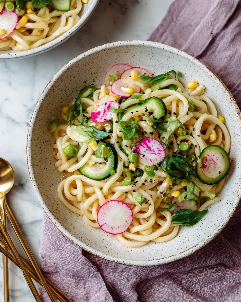 A white speckled bowl filled with a fresh noodle salad shows thick, light yellow udon noodles as the base layer, mixed with pale white corn pieces. On top are thin cucumber slices with bright green skin and translucent light green centers, and round radish slices with white centers and pinkish edges. Scattered black sesame seeds add contrast, while fresh green herbs and scallion pieces add a touch of brightness. The bowl is set on a white marbled surface, with a soft grayish folded cloth and golden cutlery in the background. photo taken with an iphone --ar 4:5 --v 7