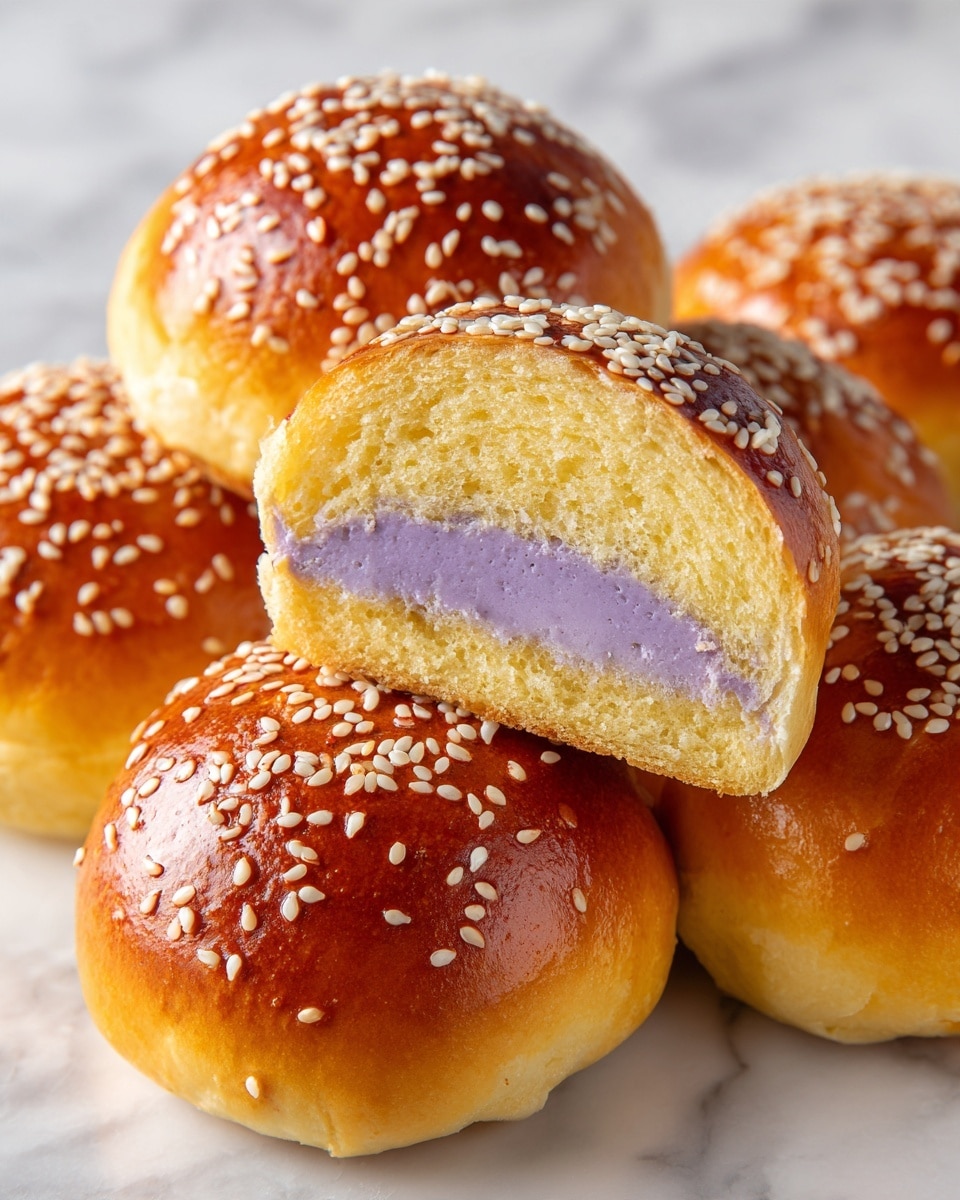 The image shows several round bread rolls with a shiny, golden brown top sprinkled with white sesame seeds. One roll is cut in half and placed on top of the others, revealing a soft, light yellow bread inside with a smooth, pale purple filling in the center. The bread looks fluffy and slightly thick, while the filling has a creamy, smooth texture. The background is a white marbled texture. photo taken with an iphone --ar 4:5 --v 7
