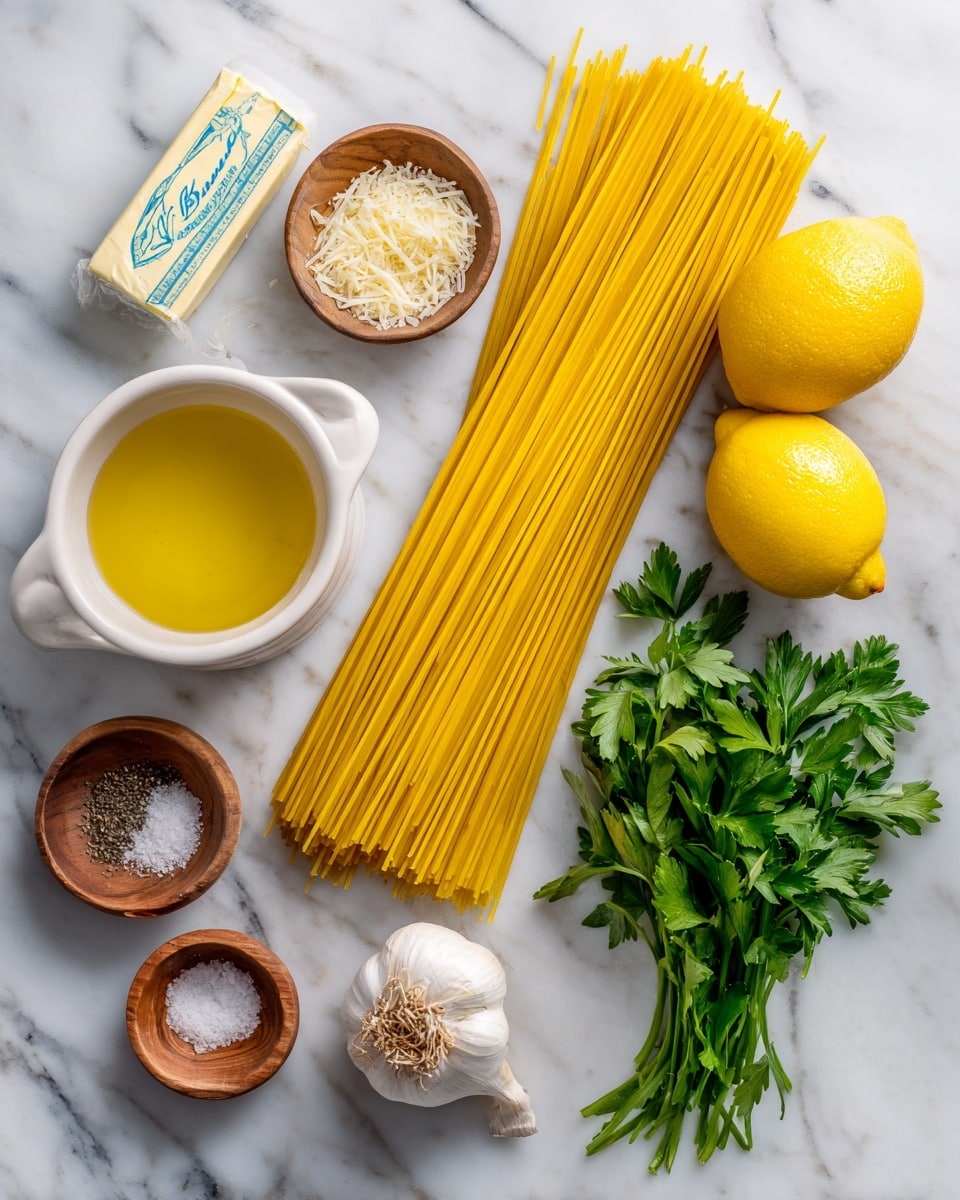 A flat lay image of uncooked food ingredients arranged on a white marbled surface. In the center, there is a large bundle of straight, thin yellow spaghetti noodles. Above the noodles on the right, two bright yellow lemons sit side by side. To the right of the noodles below the lemons, there is a bunch of fresh green parsley with leafy texture. Below the parsley, there are three small round wooden bowls, one with salt, one with pepper, and one with a white fine powder. To the left of the bowls is a white ceramic bowl filled with golden yellow olive oil. Above the oil bowl, there is a stick of butter wrapped in paper labeled
