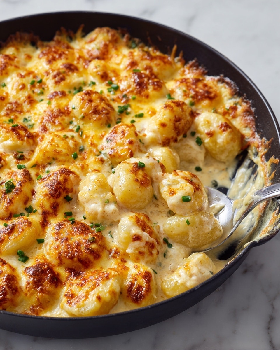 This close-up image shows a skillet filled with creamy, cheesy gnocchi. The dish has two main layers: the bottom layer is soft white gnocchi coated with a smooth, rich white cheese sauce, and the top layer is a golden-brown melted cheese crust with small browned spots and sprinkled green herbs. The skillet is black, and a silver spoon is partially scooping the gnocchi from the lower right side. The background is a white marbled texture photo taken with an iphone --ar 4:5 --v 7