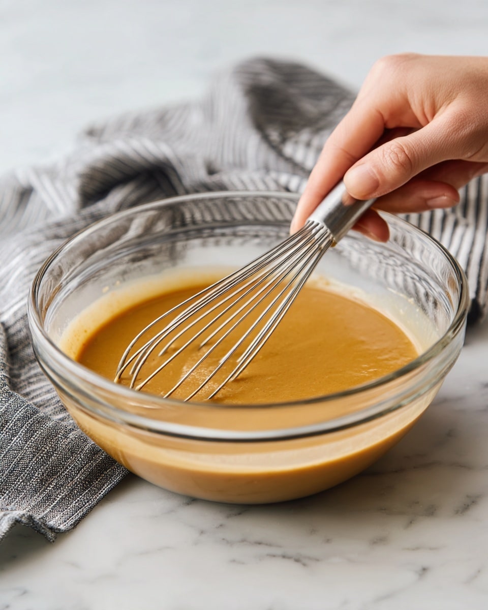 A clear glass bowl sits on a white marbled surface, filled with a smooth, thick sauce that is a warm brownish-yellow color. Inside the bowl, a metal whisk is partially submerged in the sauce, with a woman's hand gently holding the bowl on the right side. In the background, a folded gray and white striped cloth is partially visible. The scene looks calm and focused on the mixing process photo taken with an iphone --ar 4:5 --v 7