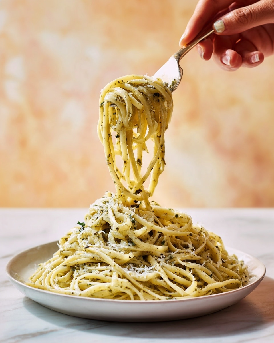 A white bowl filled with creamy pasta coated in a light green pesto sauce. The pasta strands are thick and twisted together, with small pieces of green herbs scattered throughout. A fork held by a woman's hand lifts a bundle of the pasta above the bowl, showing the smooth and slightly shiny texture of the sauce. The background shows a blurred white marbled surface with soft lighting. Text in yellow and white reads
