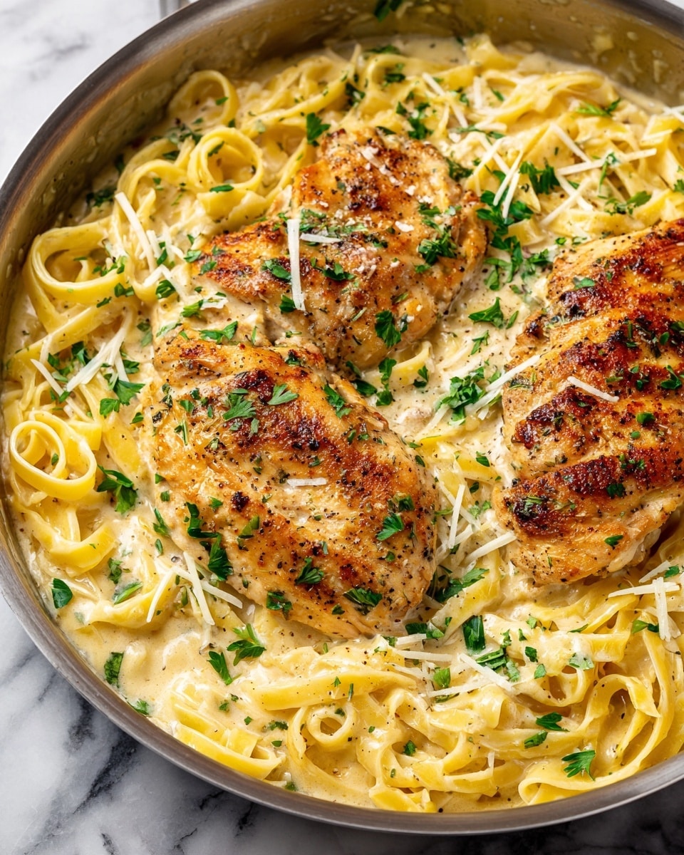 A pan filled with creamy pale yellow fettuccine pasta, topped with two golden-brown cooked chicken pieces seasoned with herbs. The creamy sauce coats the pasta underneath, and there are small green herb sprigs and thin white shredded cheese sprinkled over both the chicken and pasta. The pan rests on a white marbled surface. Photo taken with an iphone --ar 4:5 --v 7