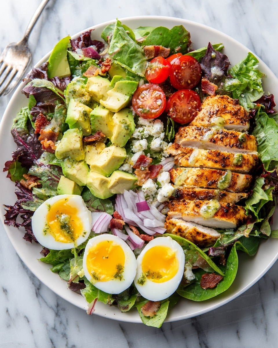 The image shows a white plate with a fresh salad made of three main layers. The bottom layer is a mix of green leafy vegetables, including light and dark green lettuce and purple lettuce, spread evenly across the plate. On top, there are scattered chunks of bright green avocado, small red cherry tomatoes, thin slices of light purple onion, white crumbled cheese pieces, and bits of brown bacon. The third and top layer features a sliced grilled chicken breast in the center, with visible seasoning and a golden brown texture. On the sides of the plate, there are two halves of a hard-boiled egg with bright yellow yolks and white edges. A light green dressing is drizzled over some parts of the salad. The plate rests on a white marbled surface, and a woman's hand holds a fork in the background. Photo taken with an iphone --ar 4:5 --v 7
