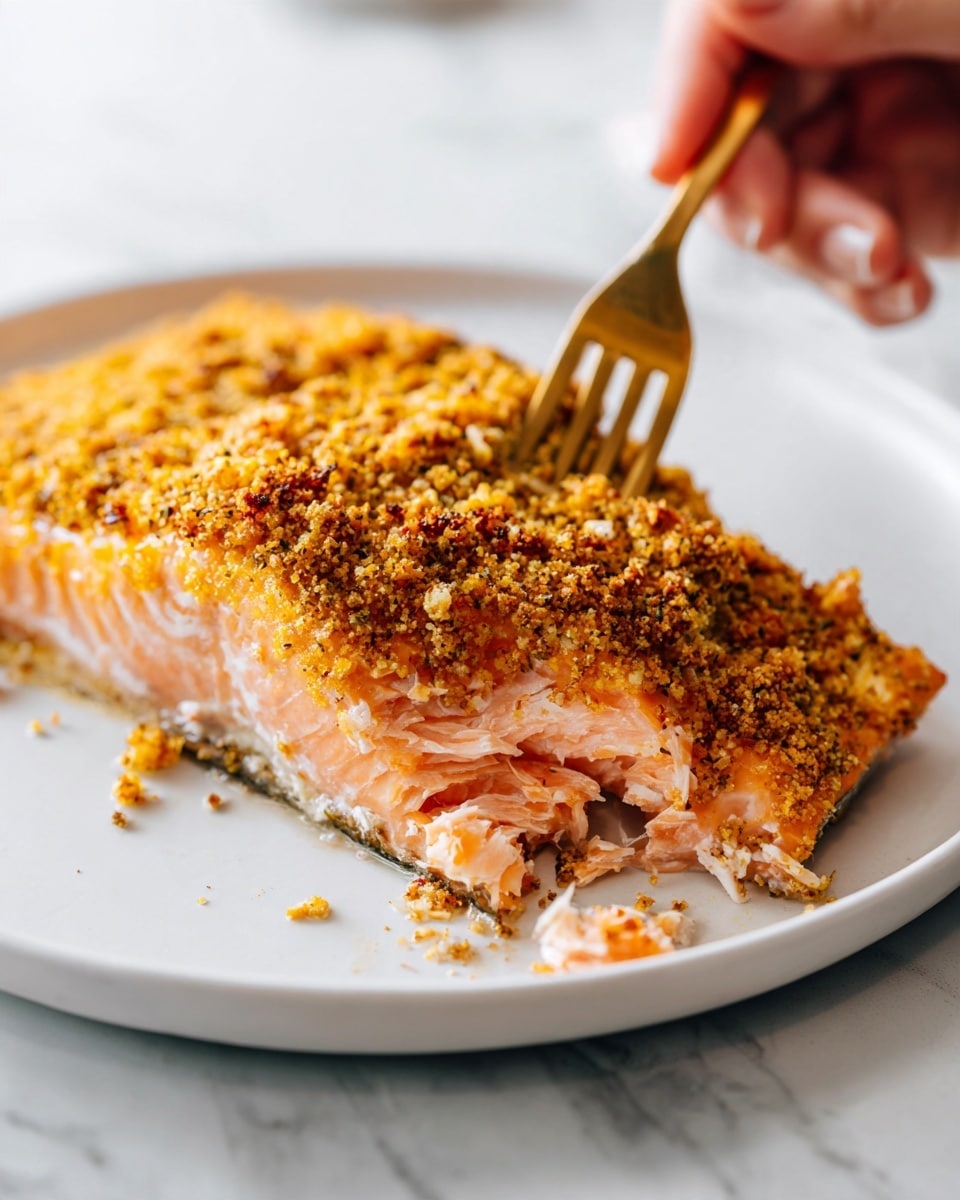 A close-up of a piece of smoked salmon on a white plate, topped with a golden brown lemon pepper rub crust. The crust is textured with small black pepper and lemon bits, covering the top layer fully. Inside, the salmon shows soft, flaky pink layers with moist white flesh visible where a piece has been gently pulled apart with a silver fork. The fork's tines are pressing into the crust near the front edge of the salmon. The background is a white marbled surface with blurred white and yellow shapes in soft light. Photo taken with an iphone --ar 4:5 --v 7