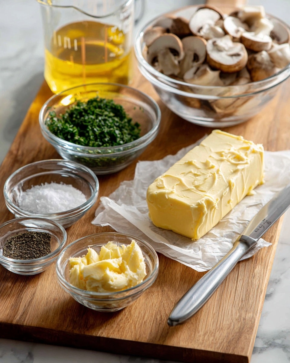 A wooden board has several small clear glass bowls and ingredients for cooking. In front, there is a small bowl with a light yellow paste that looks like garlic. Behind it to the left, there is a bowl with white salt and black pepper. Next to it is a bowl with finely chopped green herbs. In the center of the board, there is a large stick of pale yellow butter partly wrapped in paper with a silver knife resting on the paper. Behind these, there is a tall clear measuring cup with yellow liquid, and behind it, a clear glass bowl filled with light brown sliced mushrooms. The surface below the board is a white marbled texture. Photo taken with an iphone --ar 4:5 --v 7