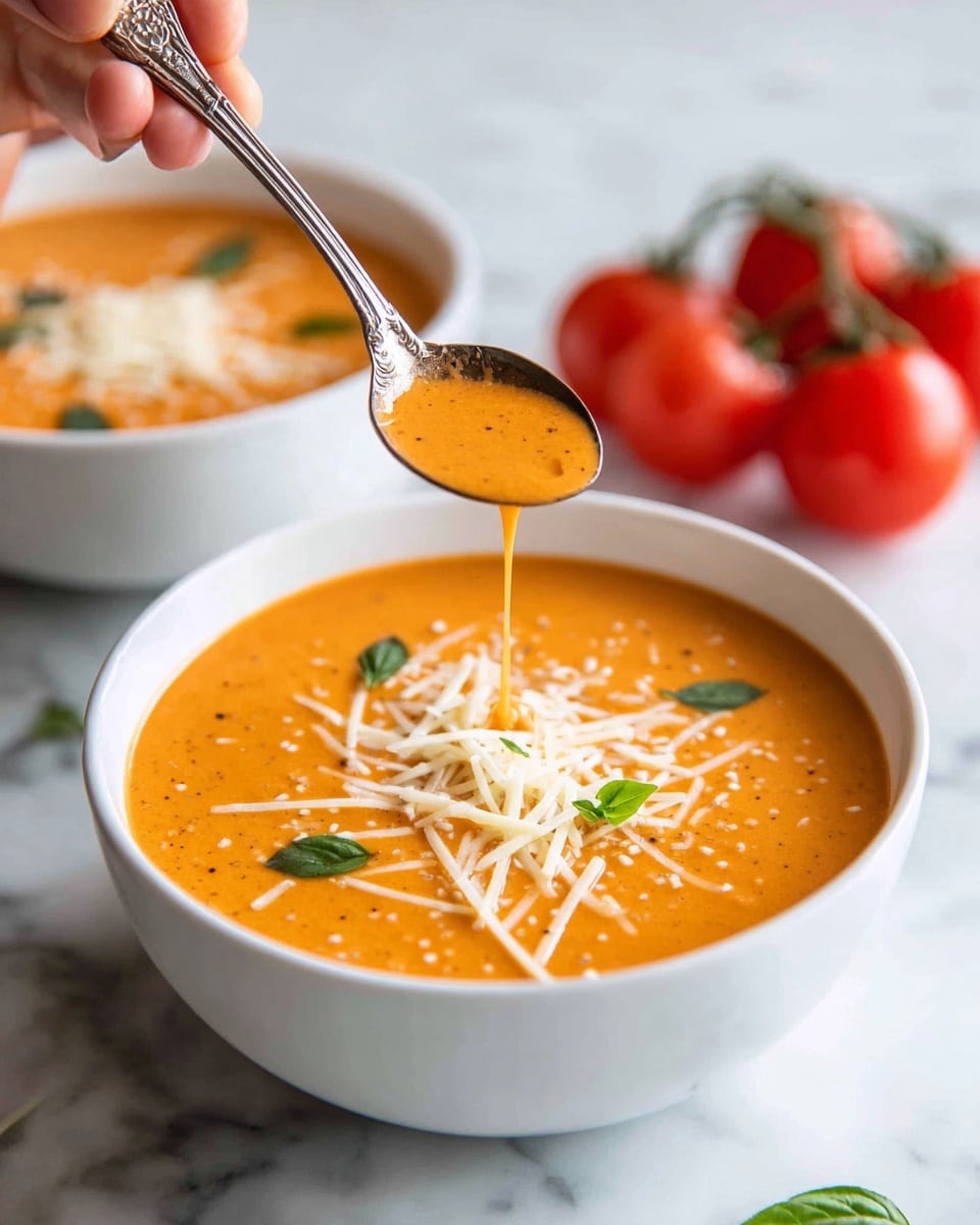 A close-up view of a white bowl filled with smooth, creamy orange tomato bisque soup, topped with thin, pale yellow cheese strips and small bright green basil leaves scattered on the surface. A spoon, held by a woman's hand, lifts a spoonful of the soup showing its thick texture with cheese bits on it. In the background, there is another white bowl with soup and a bunch of ripe red tomatoes on a vine, all placed on a white marbled surface. The overall image is bright with warm tones, giving a fresh and inviting look. photo taken with an iphone --ar 4:5 --v 7